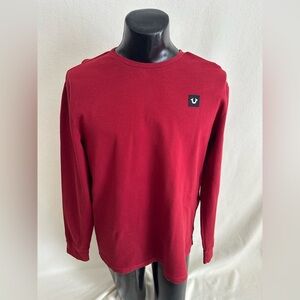True Religion Pullover Men's Large LS Thermal Pullover Red Cotton Crew Neck Logo